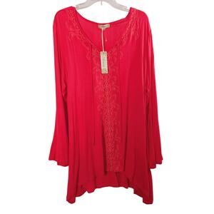 Araxa Boho Tunic Top Women's Size 3X Pink Embroidered Bell Sleeve popover